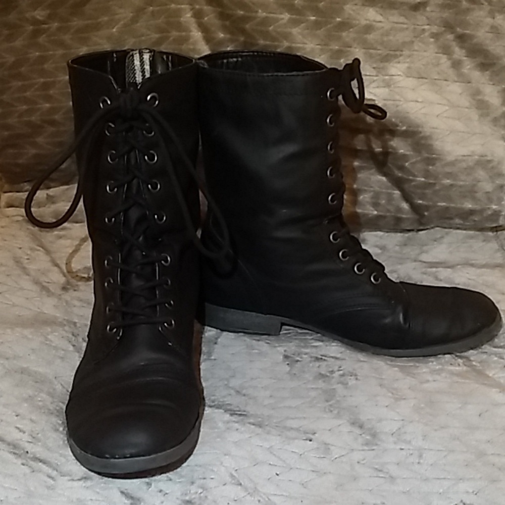Black Faux Leather Combat Boots